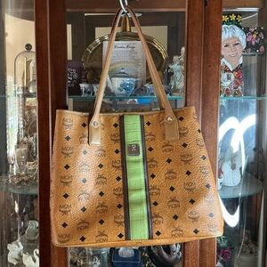 MCM Cognac Visetos Monogram Green Stripe Liz Shopper Tote